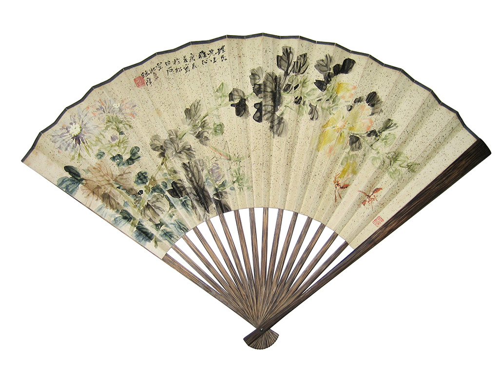 Summer Flowers [front]. Dated Summer 1940. Inscribed and signed, with artist seal. Calligraphy on the reverse. Written by HE GENG, Dedicated to Liming. Folding Fan. Ink and colour on gold flakes paper 52 x 18 cm