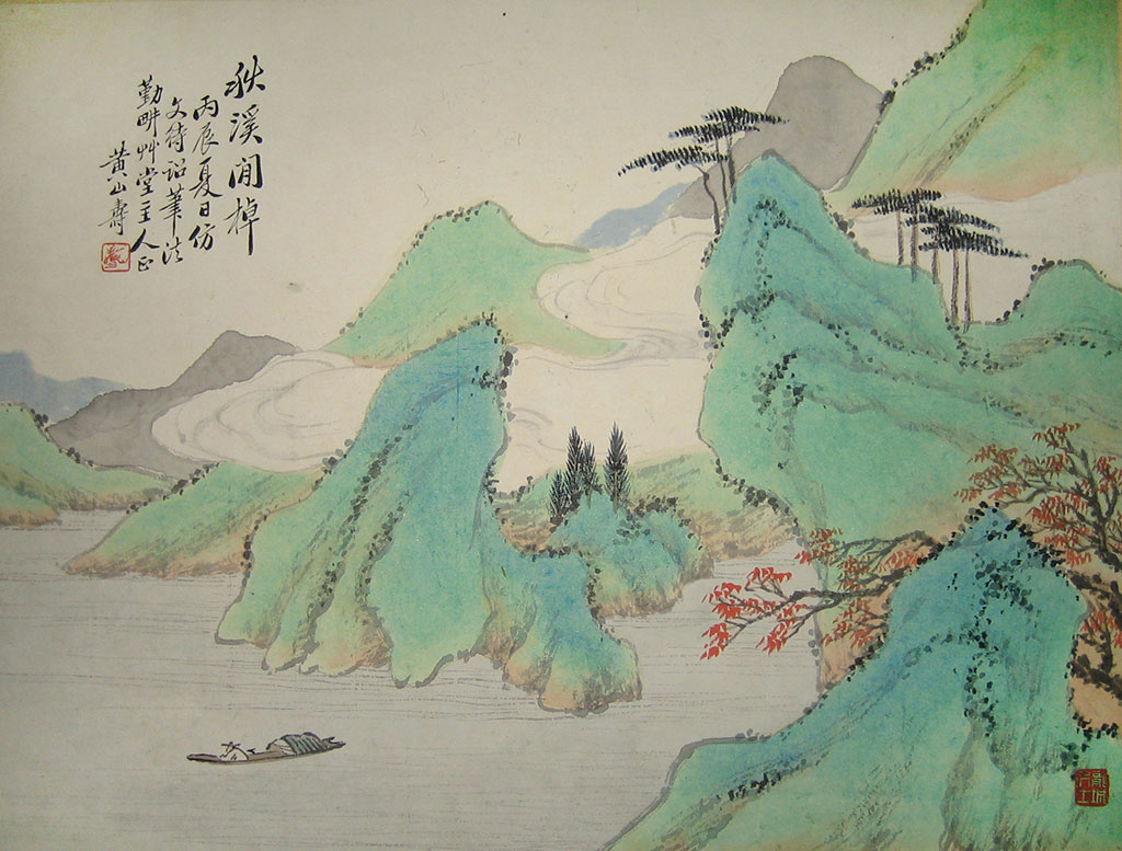 春山桃花。年代：1904春。题画：桃花流水绕邨回，春涨新添鸭绿苔，料得溪翁无箇事，钓舟时逐白鸥来。款识：甲辰仿赵大年笔法。黄山寿。铃印：山寿 （朱）沽上馀生 （白）。设色纸本镜心 35 x 28 cm