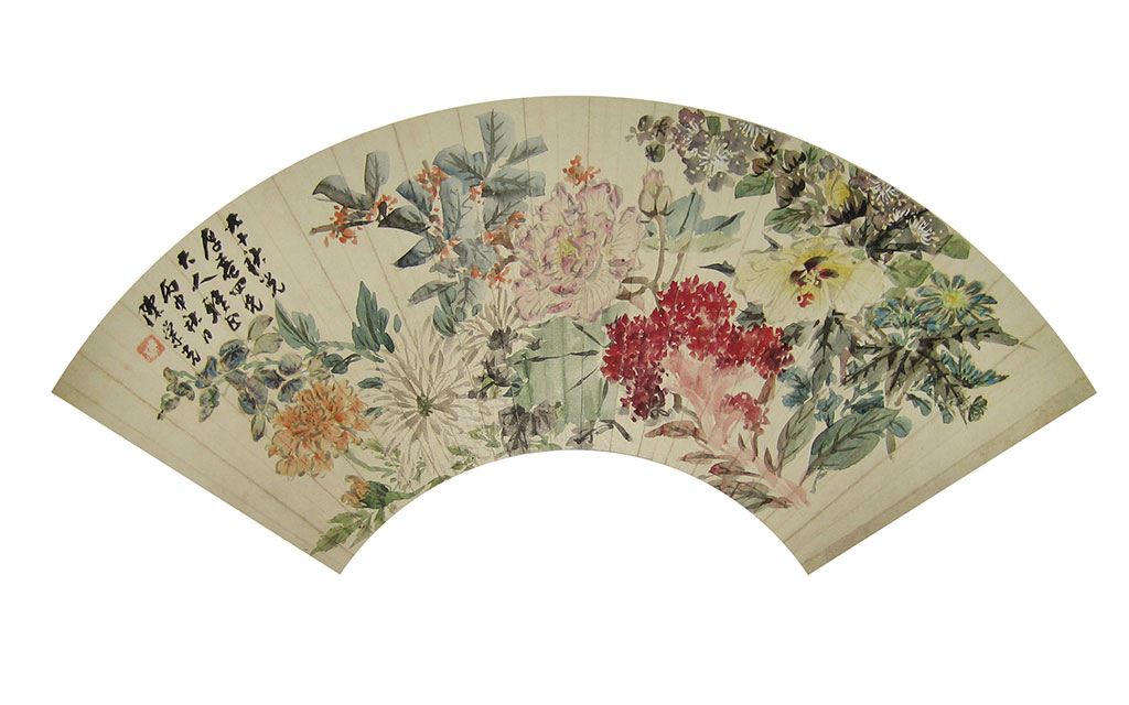 Flowers in Full Blossom. Dated Autumn 1896. Painted during 90 years old. Dedicated to Sixiong. Signed with artist seal. Fan Leaf. Ink and color on paper 54 x 18 cm