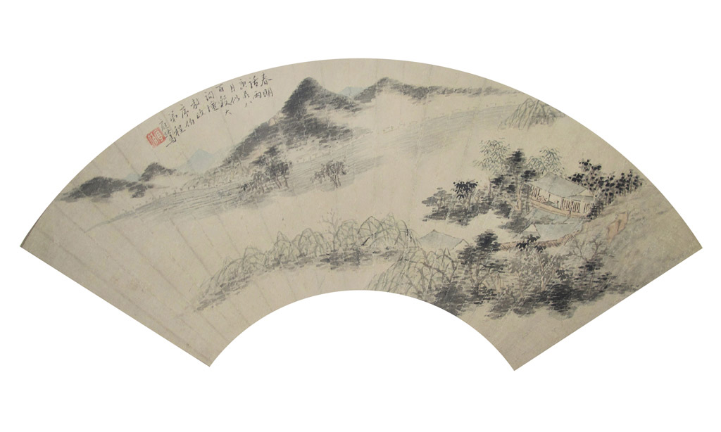 Spring Rain. Dated 1820. Inscribed and signed, with artist seal. Fan Leaf. Ink and color on silk paper. 51.5 x 18 cm