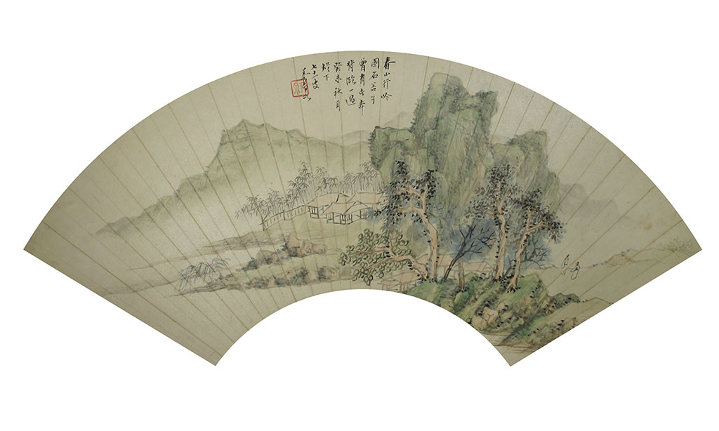 Walking in the Spring Mountains. Dated Autumn 1883. Painted at 71 years old. Inscribed and signed with artist seal. Fan Leaf. Ink and color on paper 54 x 18 cm