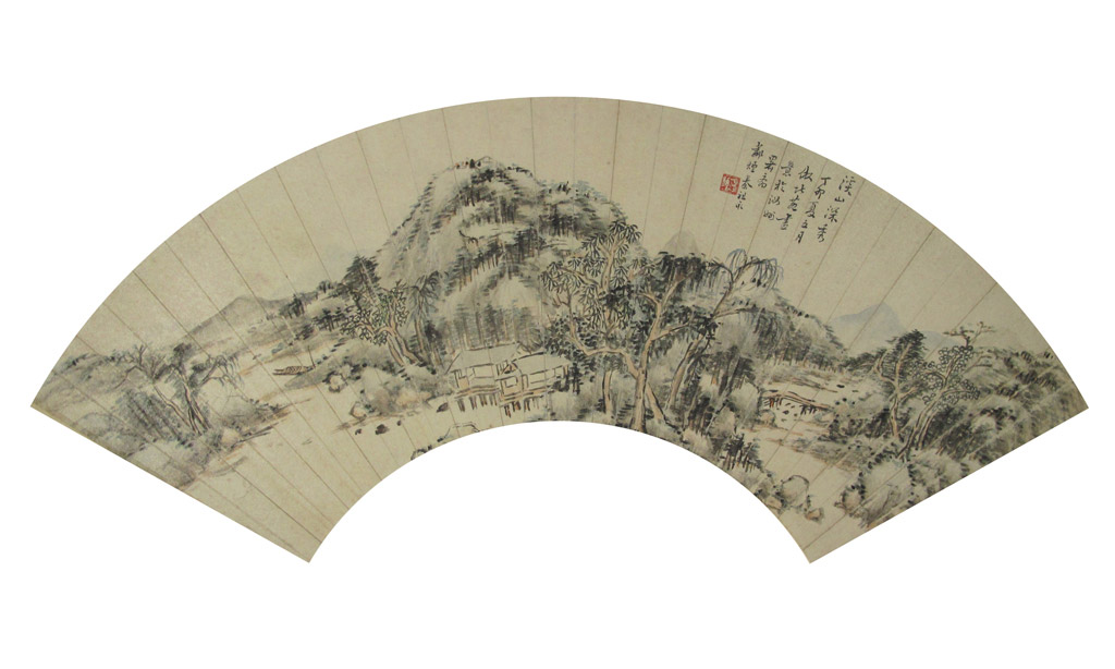 Serene Mountain and Streams. Dated Summer 1867. Entitled, inscribed and signed, with artist seal. Fan Leaf. Ink and color on paper 53 x 16 cm