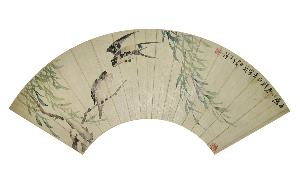 Swallow Duet. Dated Summer 1842. Inscribed and signed, with artist seal. Dedicated to Zi´zhan. One collector seal of Woyun. Fan Leaf. Ink and color on paper 54 x 17.5 cm