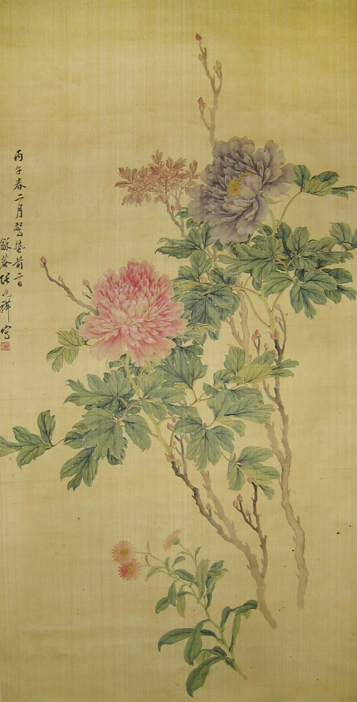 Spring Flowers. Dated Spring 1876. Signed, with artist seal. Scroll. Ink and color on silk paper 59 x 118 cm