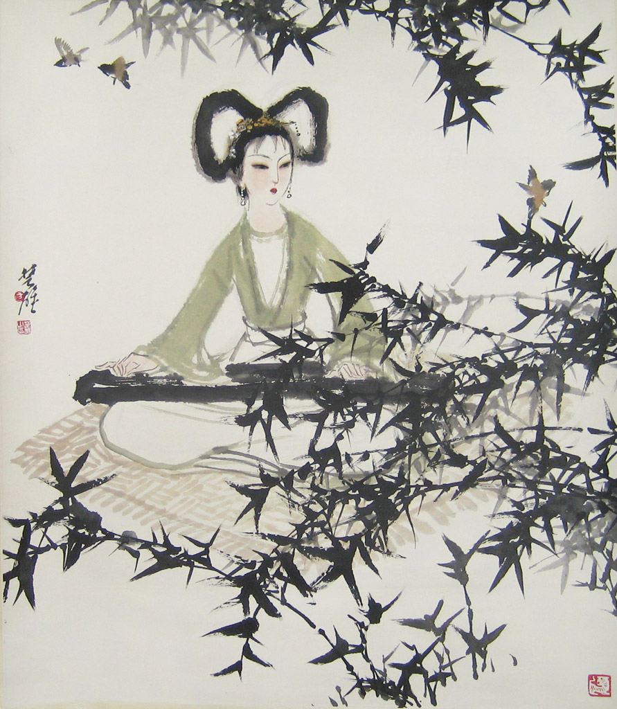 The Guzhen Lady. Signed, with artist seal. Scroll. Ink and color on paper. 69 x 80 cm