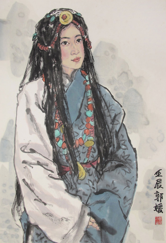 Ethnic Girl. Signed, with artist seal. Ink and color on paper 54 x 76 cm