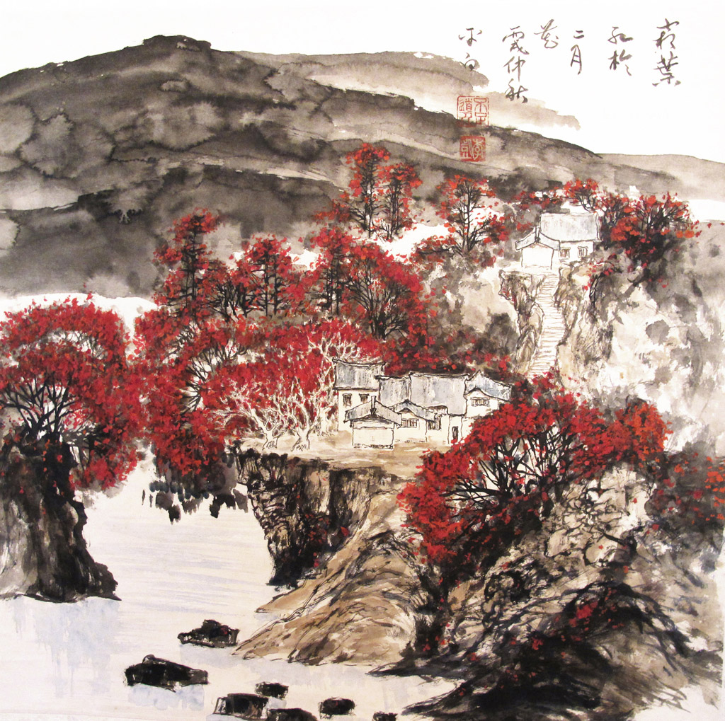 Spring Flowers over the Hills. Inscribed and signed, with 2 artist seals. Ink and color on paper. 68 x 68 cm