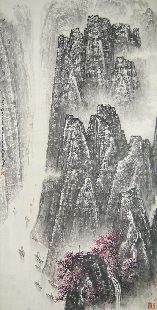 Spring Mountains. Dated Spring 1980. Painted in Guangzhou. Inscribed and signed with 2 artist seals. Scroll. Ink and color on paper 68 x 138 cm