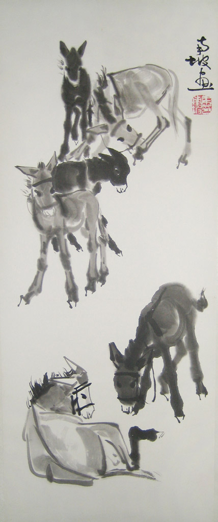 Donkeys. Signed, with artist seal. Scroll. Ink on paper 34 x 85 cm