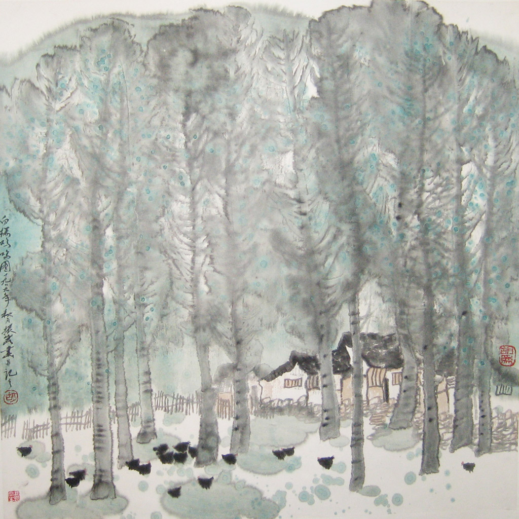 Winter Scenery. Inscribed and signed, with 3 artist seals. Ink and color on paper 68 x 68 cm