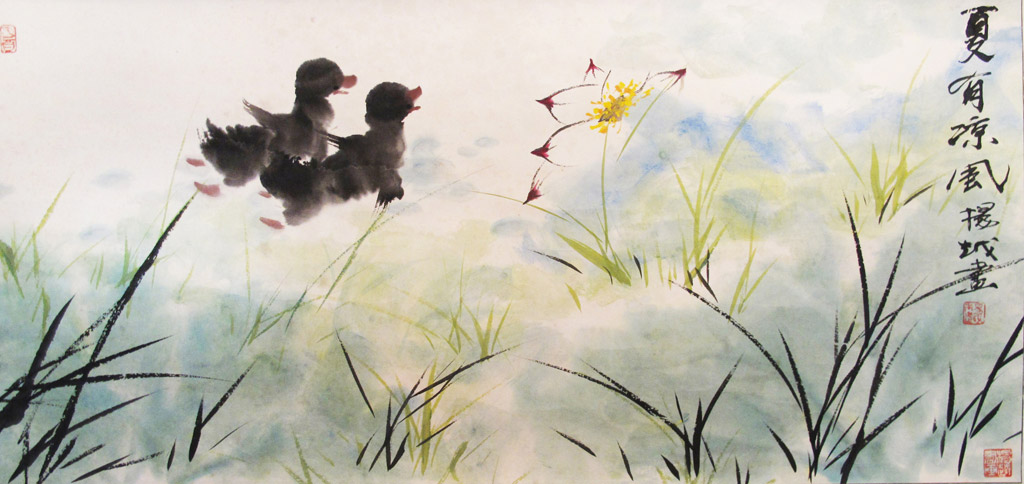 Two Little Ducklings. Entitled and inscribed, Signed, with 3 artist seals. Ink and color on paper 96 x 45 cm