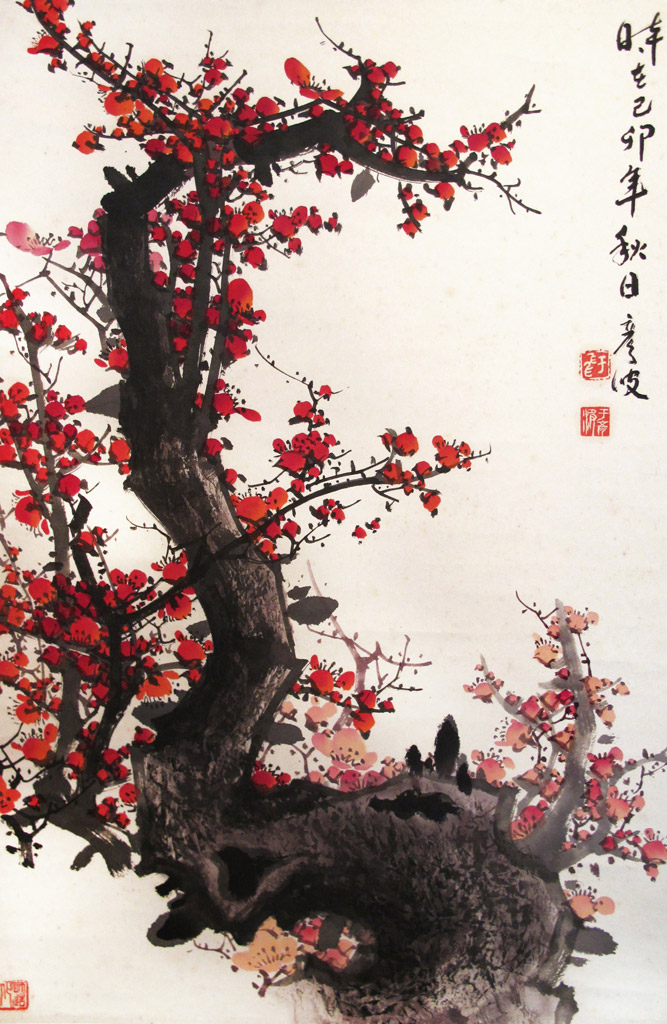 Cherry Blossom. Dated 1999. Inscribed and signed, with 3 artist seals. Ink and color on paper 46 x 68 cm